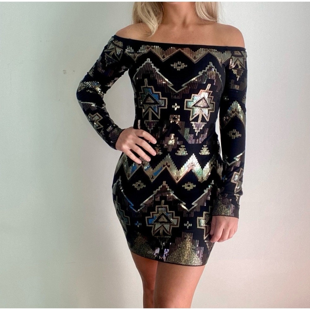 Express Dress Black Gold Metallic Aztec Sequin Off Shoulder Bodycon Size Medium